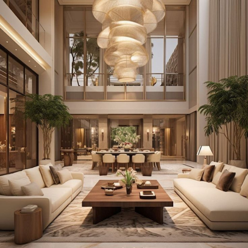 This picture showcases a luxurious, open-concept living and dining area with a grand, double-height ceiling. The space is elegantly designed with a neutral color palette, featuring two large, cream-colored sofas facing each other, separated by a substantial wooden coffee table. The coffee table is adorned with decorative items and a small plant, adding a touch of greenery. The room is illuminated by an impressive, cascading chandelier composed of multiple, overlapping circular elements, creating a focal point and adding a sense of grandeur. Large windows and glass doors allow natural light to flood the space, enhancing its airy and spacious feel. In the background, the dining area features a long, wooden dining table surrounded by upholstered chairs, set for a meal. The dining space is framed by large, floor-to-ceiling windows and glass doors, providing a view of the outdoors and connecting the interior with the exterior. Tall indoor plants are strategically placed on either side of the living area, adding height and a natural element to the sophisticated design. The overall ambiance is one of elegance, luxury, and comfort, with a seamless blend of modern and natural elements.