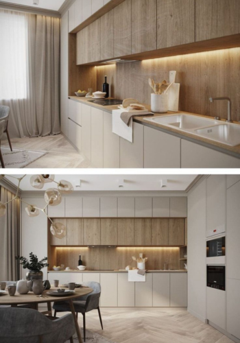 Modular kitchen designed by Saund Associates by keeping in mind the color scheme to make the area look bigger|